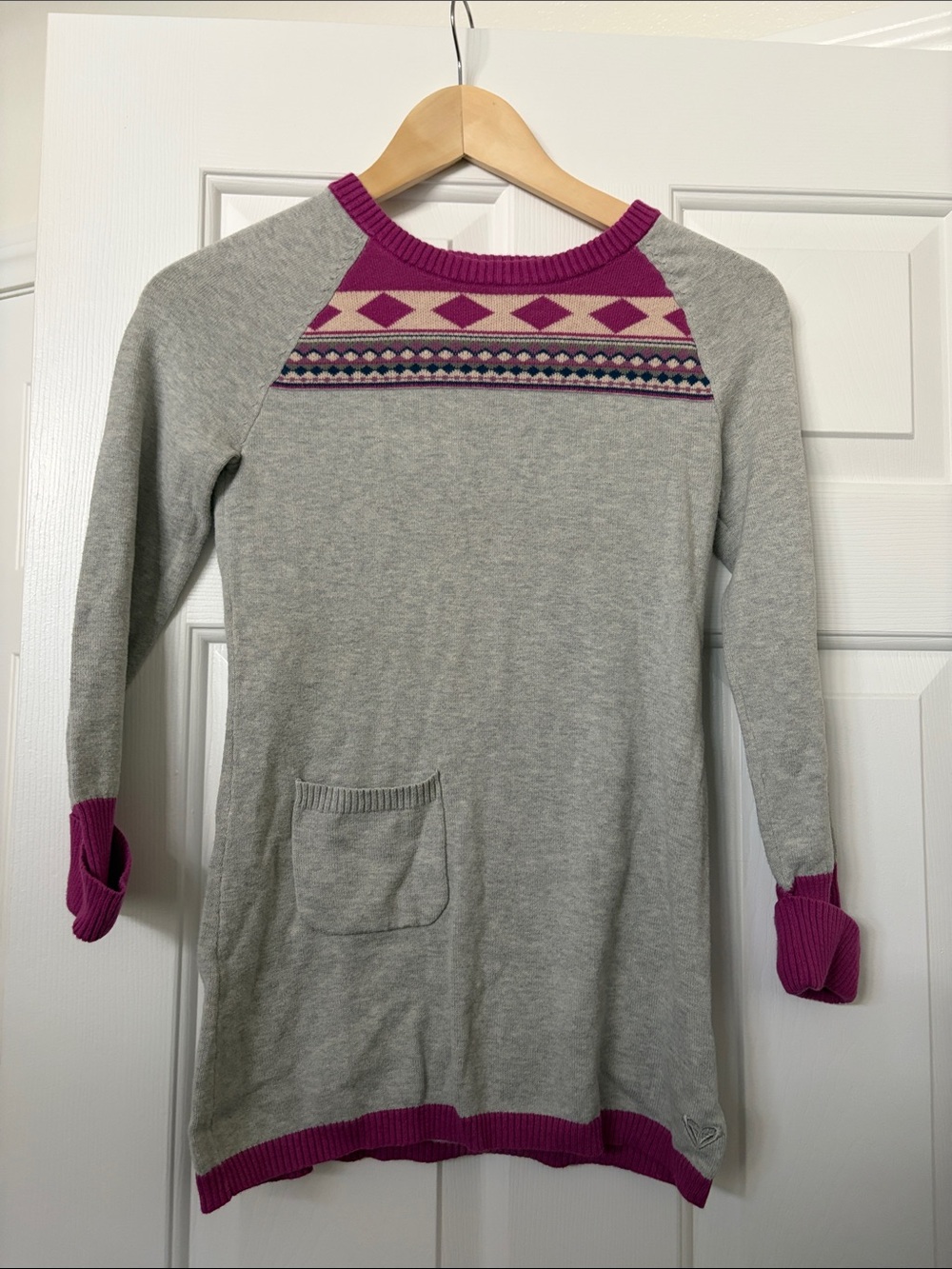 Roxy Gray Knit Girls' Dress with Pink Trim and Patterned Yoke